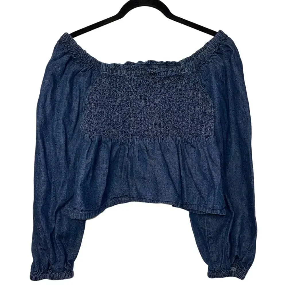 J. Crew Chambray Smocked Puffed-Sleeve Top Birch Wash (off shoulder) woman's Med